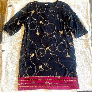 Chico’s black, gold, maroon dress with some white. Length of the dress is 38”